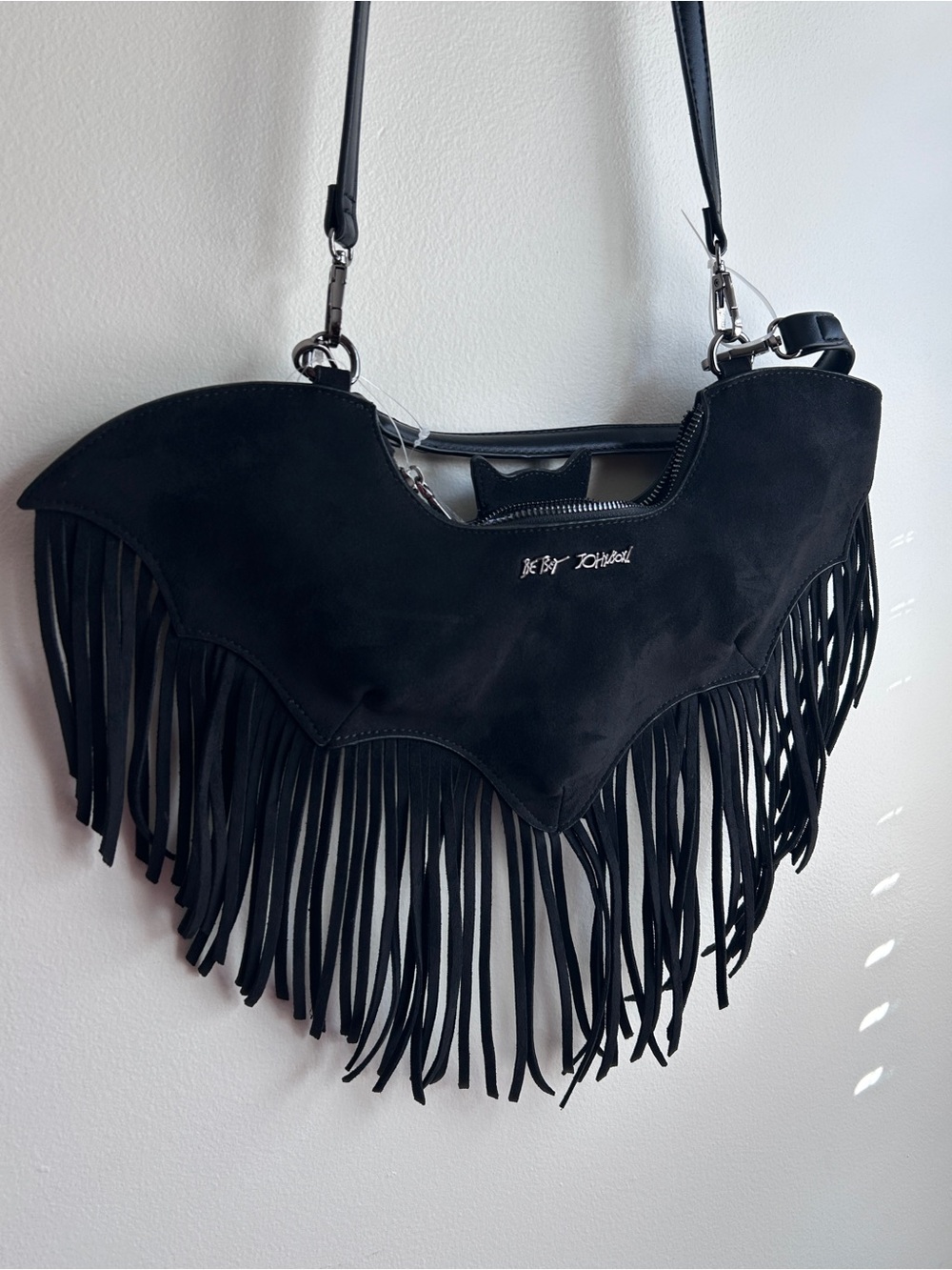 Betsey Johnson Black Bat Fringe Suede Bag NWT